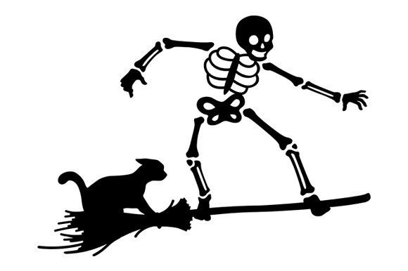 Skeleton and Black Cat on a Flying Broom